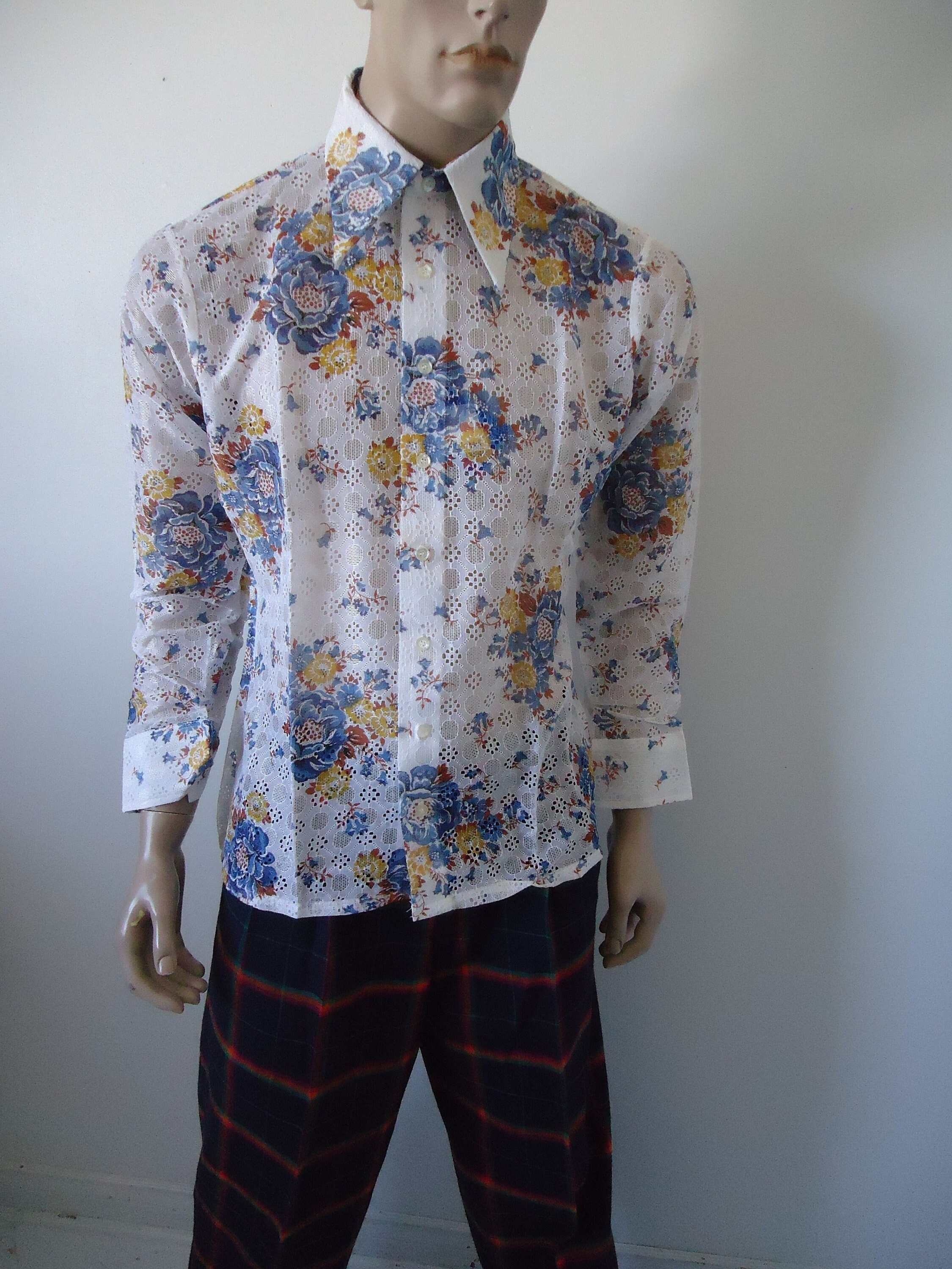 Vintage 70s Mens Disco Shirt Floral Sexy Lace M NOS BURMA 