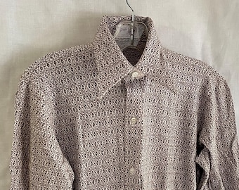May include: A long-sleeved button-down shirt with a geometric pattern in shades of brown and white.