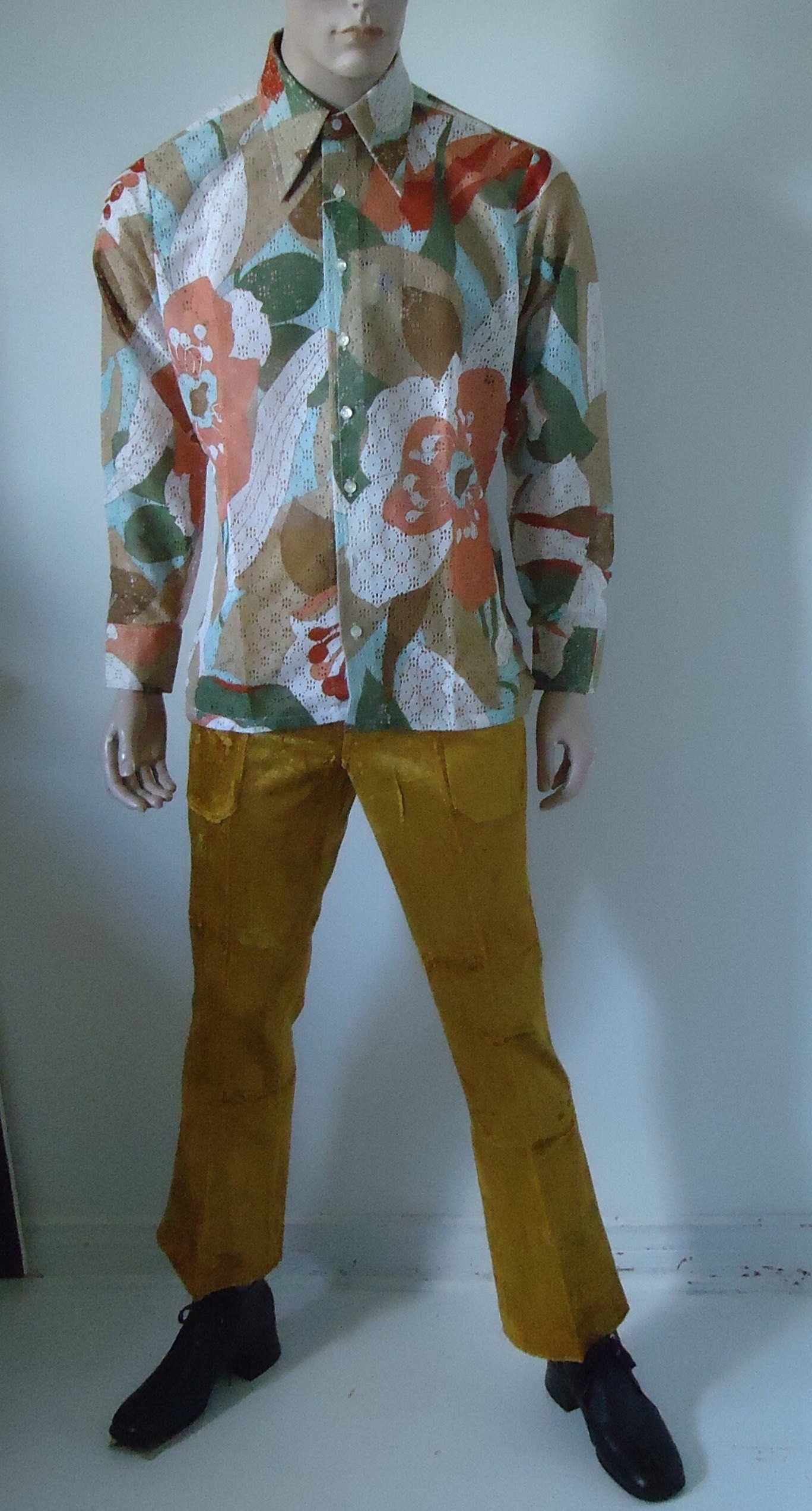 Vintage 70s Mens Disco Shirt Floral Sexy Lace L NOS BURMA 