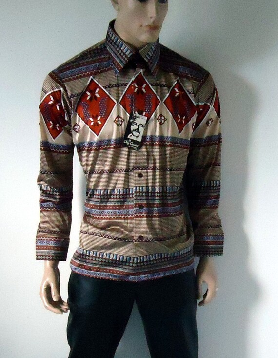 Vintage 70s Mens Disco Shirt GEO Oleg Cassini Signature XL NOS