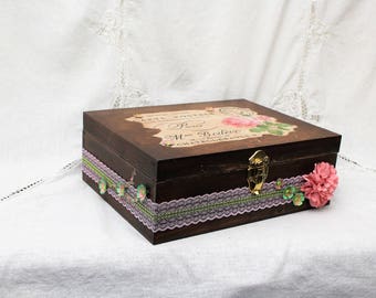 Memory Box, Personalized Walnut and Vintage Rose Storage Box, Keepsake Box