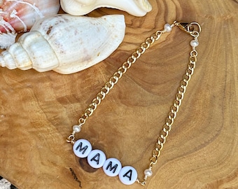 MAMA Letter Bead & Pearl Bracelet on 14k Gold Fill Curb Chain
