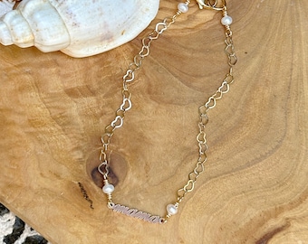 14K Gold Fill &quot;MAMA&quot; Bracelet with Pearls on 14k Gold Fill HEARTS chain
