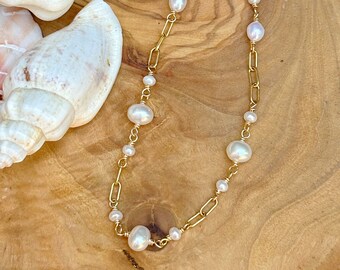 PEARLS by the yard layering Bracelet on 14k Gold Fill Paperclip chain