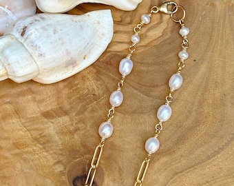 Paperclip Chain 14k Gold Fill & PEARLS by the yard layering Bracelet