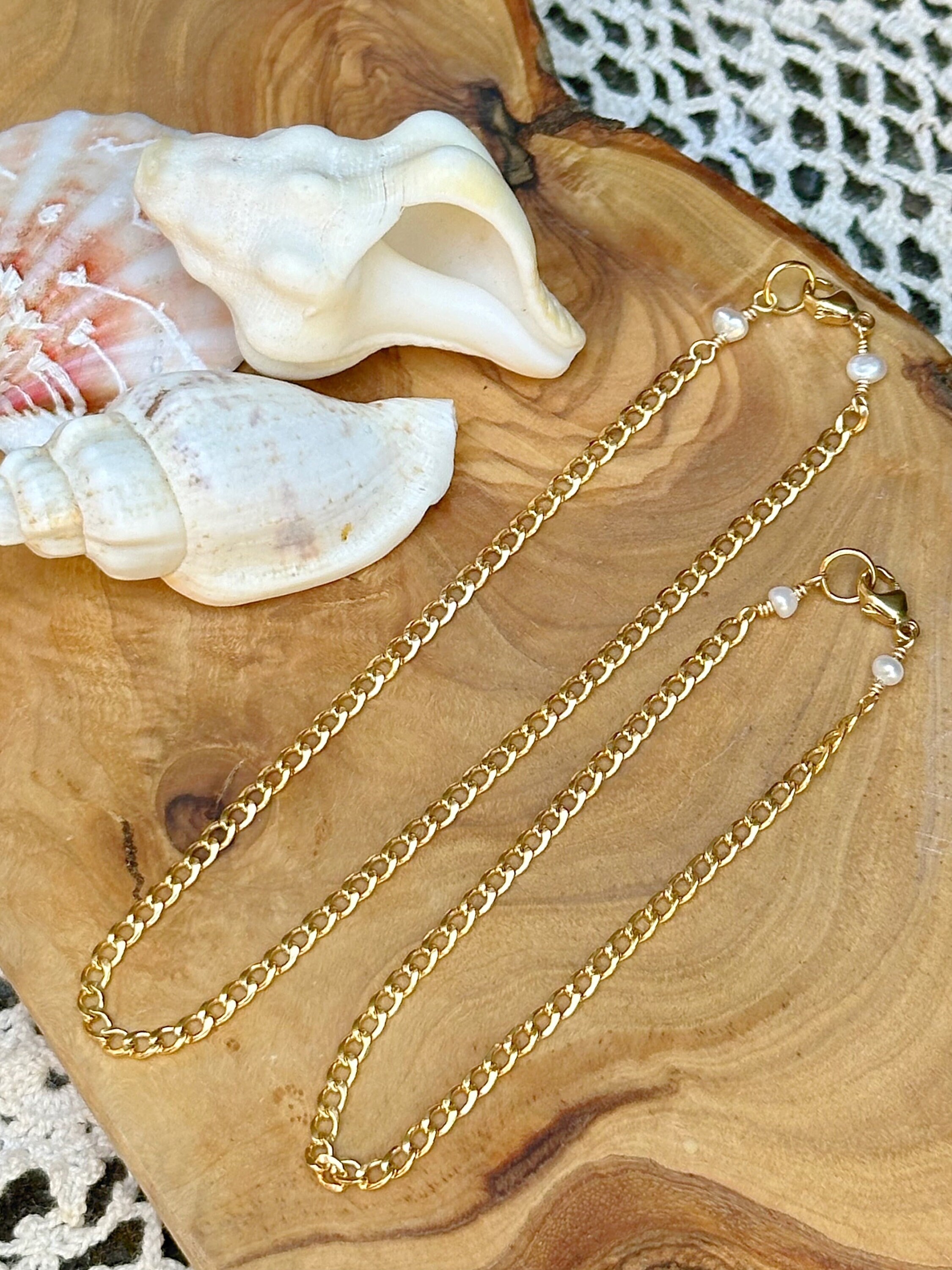 14K Gold Fill CURB Chain layering Bracelet or Anklet with 2 Freshwater Pearls