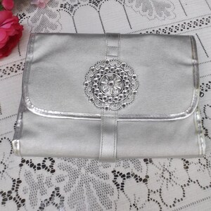 Travel cosmetic and jewelry organizer multiple zippered pockets, closure, silver tone, rhinestones. women, men, travel comfort Gift idea