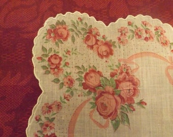 Vintage Ladies collectible handkerchief batiste  New old stock. privet collection. Gift for her roses design wavy edge