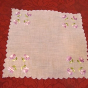 Vintage Ladies 2 sides embroidered floral wavy edge collectible handkerchief batiste. 11x11 New old stock. Private collection. Gift for her