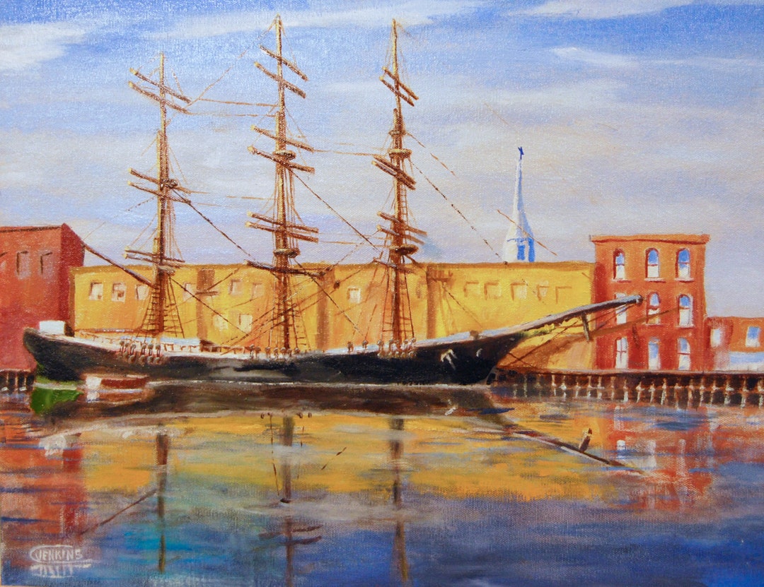 Original Oil Painting Clipper Ship and Waterfront, American Artist Tall Ship Painting, Sailing