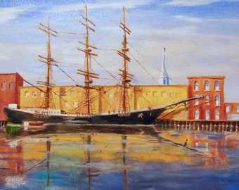 Original Oil Painting  Clipper ship and waterfront, American Artist   Tall Ship Painting, Sailing Ship Painting, Nautical Painting, maritime