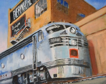 Original diesel railroad locomotive painting   Burlington  Chicago   American Artist Chris Jenkins   train painting