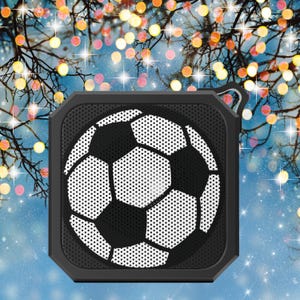 May include: A black and gray portable speaker with a soccer ball design. The speaker has a perforated front panel with a black and white soccer ball pattern. The speaker has a handle on the top right corner.