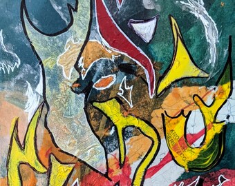May include: Abstract painting with a fiery, yellow, red, and black design on a textured background. The design is reminiscent of flames or a stylized figure. The background is a collage of paper with a map-like pattern.