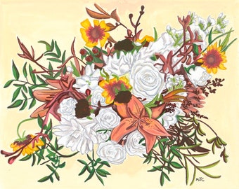 Flower Bouquet Print, White Yellow Orange Floral Bouquet, Floral Prints, Floral Wall Art Decor, Flower Bouquet Painting, Floral Artwork