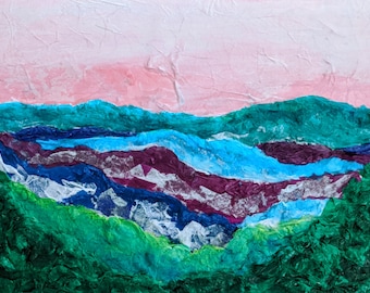Smokey Mountains wall art, Landscape mountains artwork, mixed media art, collage art, original abstract artwork, landscape mixed media art