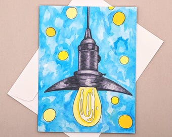 Light bulb note card, Artwork notecards, any occassion notecards, greeting card, blank note cards, blue and yellow