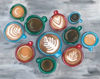 Coffee Mugs Original Ink Painting, Coffee Lover Gift, Coffee Artwork, Latte Art, Kitchen Wall Decor, Coffee Art Decor, 9 x 12 Painting
