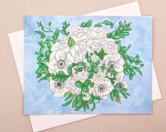 Wedding Card, Bridal Bouquet Cards, Wedding Thank You Cards, Artwork Notecards, Blank Note Cards, Flower Bouquet Notecards, White Roses