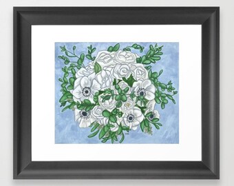 Flower Bouquet Print, Floral Prints, Floral Wall Art Decor, Flower Bouquet Painting, Floral Artwork, Bridal Bouquet, White Roses Print