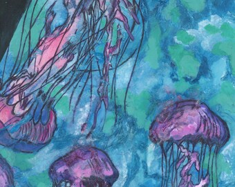 Jellyfish Mixed Media Original Painting, Ocean Artwork, Sea Life, Ocean Decor, Nature Wall Art, Coastal Wall Decor, 11 x 14 Painting