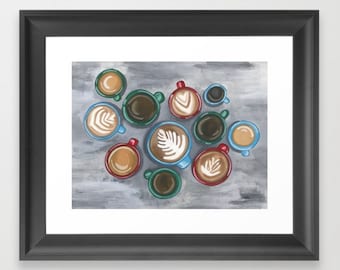 Coffee Art Print, Kitchen Wall Decor, Coffee Lover Gift, Unframed Print, Coffee Artwork, Latte Art, Wall Art Prints, 9 x 12 print, 5 x 7