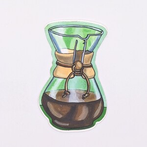 May include: A hand-drawn illustration of a glass coffee maker with a brown leather strap and a green background. The coffee maker is filled with dark brown coffee.