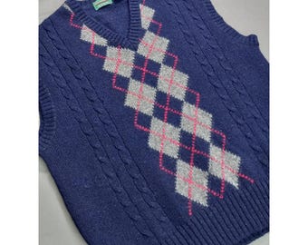 Débardeur vintage Savile Row 100 % laine Shetland à losanges - Fabriqué en Angleterre - Grand