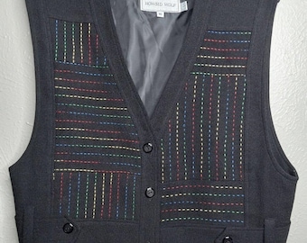 Vintage 80's Howard Wolf 100% Anglo Wool Black Vest Made in the USA Size 16