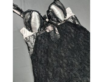 VTG Y2K Flora's Follies Black Lace Pink Satin Babydoll Chemise Lingerie Small