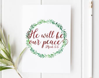 Micah 5:5 Christmas Card, He Will Be Our Peace Card, Christian Holiday Wreath Card