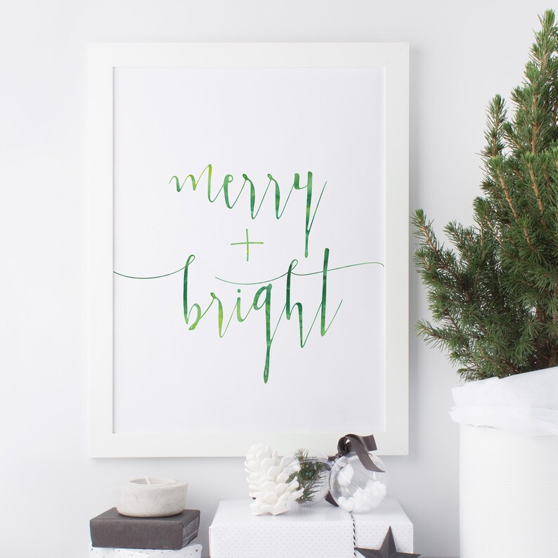 Merry and Bright Christmas print with green watercolor script, modern holiday wall art, festive Christian Christmas décor, seasonal gift for women.