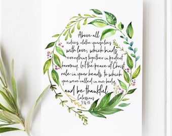 Kolossenzen 3:14-15 schriftafdruk, kunst aan de muur vooral liefde, christelijk huwelijkscadeau, decor botanisch geloof