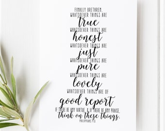 Philippians 4:8 Scripture Print, Christian Wall Art, Minimalist Bible Verse Decor, Faith Home Accent, Encouragement Gift