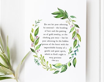 1 Peter 3:3-4 Scripture Print, Gentle and Quiet Spirit Christian Wall Art