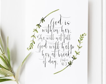 Psalm 46:5 Scripture Print, God Is Within Her, Minimal Botanical Christian Wall Decor Gift