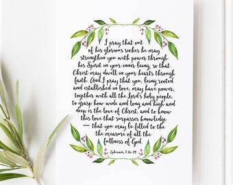 Ephesians 3:16–19 Print, Floral Christian Art, Bible Verse Decor, Faith Gift for Women