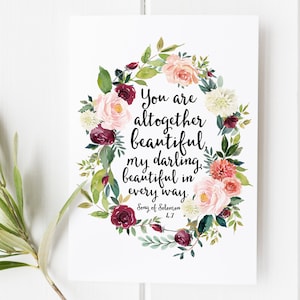 Canción de Salomón 4:7 - Eres completamente hermosa - Tarjeta de las Escrituras - Regalo cristiano - Impresión del versículo bíblico - Arte de la pared del versículo bíblico