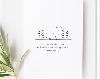 Salmo 147:4 - Impressão Bíblica, Ele Conta as Estrelas - Arte de Parede Cristã, Decoração Minimalista com Versículo Bíblico do Céu Noturno