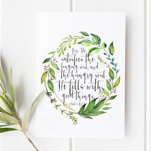 Salmo 107:9 - Poiché Egli soddisfa l'anima desiderosa - Biglietto delle Scritture - Arte da parete con versetti della Bibbia - Stampe di versetti della Bibbia - Regali cristiani personalizzati