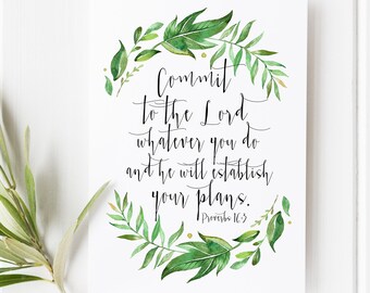 Proverbs 16:3 - Commit to the Lord - Scripture Art - Bible Verse - Illustrated Bible Verse - Bible Verse Wall Art - Bible verse Print - Gift