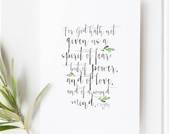 2 Timothy 1:7 Scripture Print, Spirit Of Power Love Verse, Christian Minimal Wall Decor