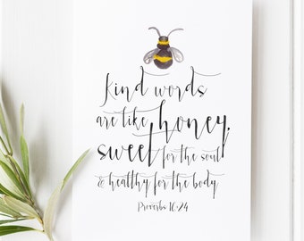 Proverbi 16:24 Scrittura, Le parole gentili sono come il miele Stampa, Ape Arte murale cristiana, Decorazione della fede per la cucina o la cameretta dei bambini