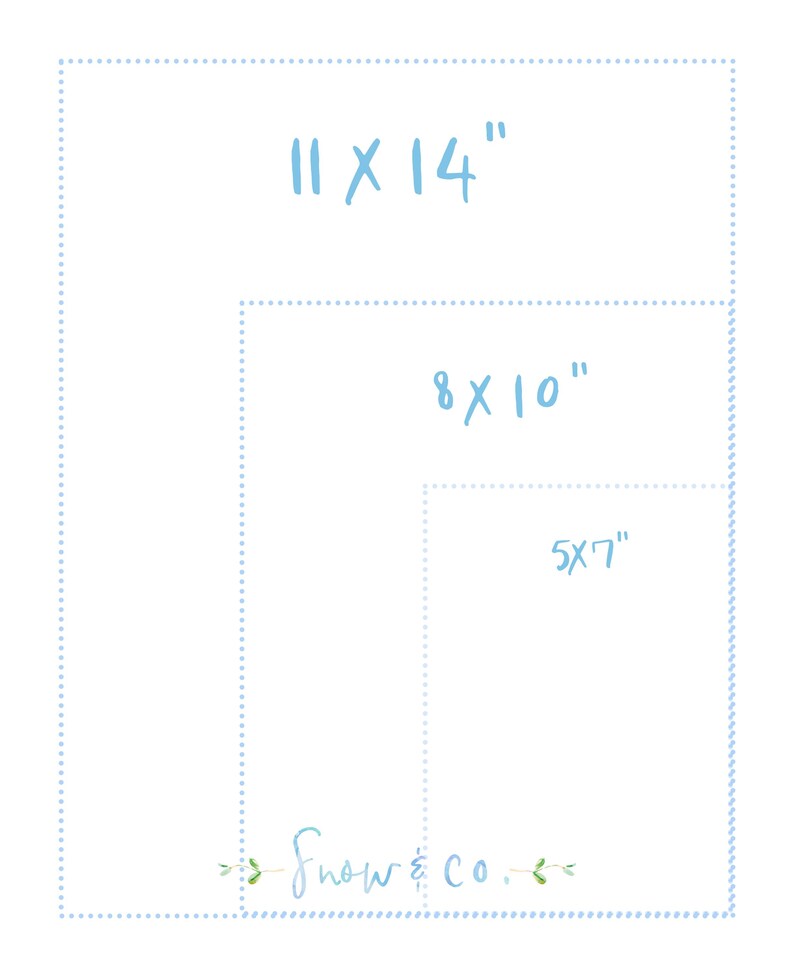 May include: Three different sizes of blank white cards with blue dotted borders. The largest card is 11 x 14 inches, the middle card is 8 x 10 inches, and the smallest card is 5 x 7 inches. The cards are all on a white background. The text "Snow & Co." is written in blue cursive at the bottom of the image.