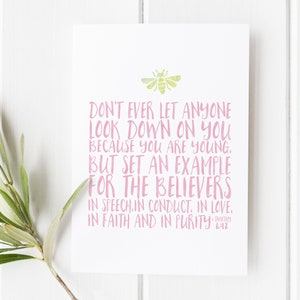 1 Timothy 4:12 Inspirational Scripture Print – Christian Wall Art, Encouraging Bible Verse for Youth, Uplifting Christmas Gift