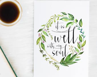 It Is Well With My Soul Hymn Print, Botanical Christian Wall Decor