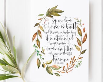 Proverbs 24:3–4 Scripture Print, By Wisdom a House Is Built, Christian Home Wall Art, Botanical Wreath Decor