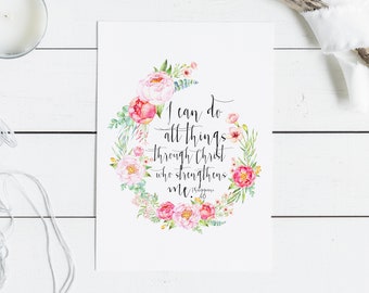Philippians 4:13 Print, I Can Do All Things, Pink Floral Christian Wall Art