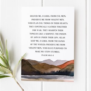 Psalm 140:1-4 Scripture Print, Christian Wall Art, Bible Verse Decor, Spiritual Gift, Mountain Design, Faith-Based Christmas Gift