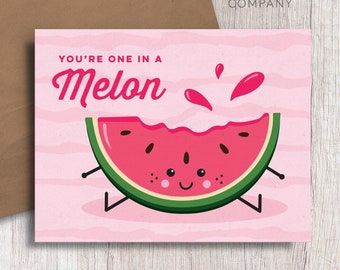 You're One in a Melon Watermelon Food Pun Love Valentine's Day Anniversary or Friend Card